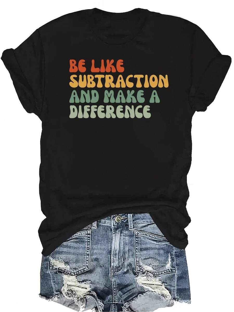 [Camiseta de moda casual] Camiseta de mujer suave y cómoda - Arte motivacional de diferencia de sustracción, manga corta, cuello redondo, casual, regalo perfecto para la abuela y la mamá, uso casual en primavera y verano - Negro - Ver 1