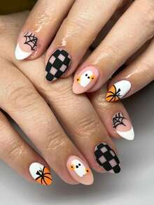 24 Peças Unhas Postiças Amendoada de Halloween, Unhas Pretas Xadrez Teia de Aranha Abóbora Fantasma, Unhas Falsas Adequadas para Uso Diário, Suprimentos de Unhas Postiças