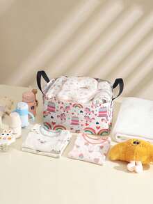 1pc Cartoon Pony Print Open Storage Box, Multifunctional Storage Basket With Handle, Holiday Gift, Mother's/Father's Day Gift, Baby Supplies Storage, Diaper Storage, Daily Organizer For Living Room, Bathroom, Kitchen, Foldable Clothes Storage, Cute & Lightweight, Suitable For Home, Kids, Nursery