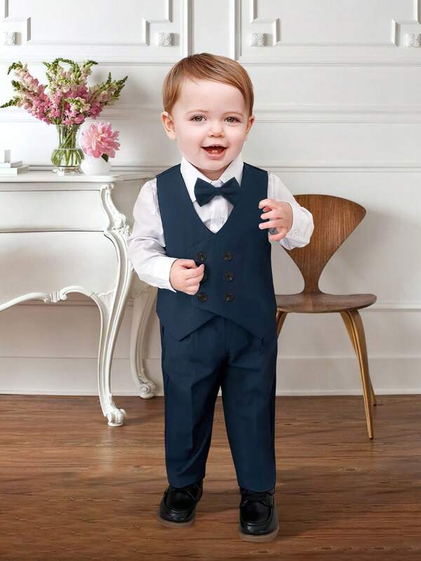 4pcs Boys Gentleman Outfit Set, White Shirt, Solid Vest, Pants, Bow Tie, Children Double-Breasted Formal Suit, Academic Style, Holiday Celebration, Halloween, Christmas