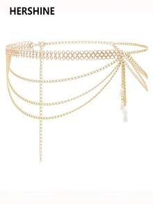 1条多层链条流苏珍珠腰链，适合夏季、秋季、万圣节及其他场合佩戴 - 金色1 - 查看 2