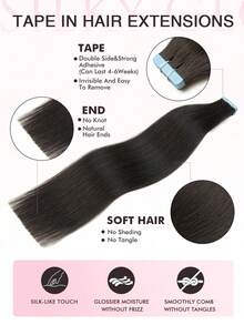 VADES 20 Tape-In Hair Extensions Made Of Real Human Hair, Silky Straight, Wavy, Multicolored, Color 1B, Natural Black, 30 Cm, 35 Cm, 50 Cm, 55 Cm, 60 Cm, Real Human Hair Extensions, Remy Hair, Straight, Invisible Tape, Self-Adhesive Hair Extensions - 1BNatural Black - View 2