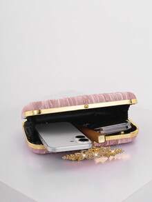 女士时尚水钻装饰翻盖盒晚宴手拿包，适合婚礼、庆典和正式活动，手提包，派对包，高品质褶皱香槟色链条单肩包/斜挎包 - 粉色 - 查看 3