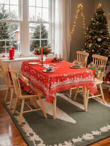 1 pieza Mantel con estampado navideño y relieve, Cubierta de mesa con tema navideño de poliéster con adorno de encaje para sala de estar, dormitorio, cocina, decoración navideña