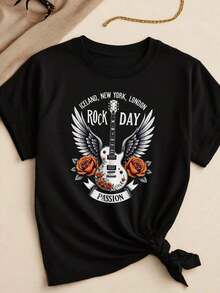Women's Graphic Tee Shirt - Rock Day Design With Guitar And Roses - Casual Oversized T-Shirt For Summer - Perfect For Music Festivals And Everyday Wear - 黑色 - 查看 2