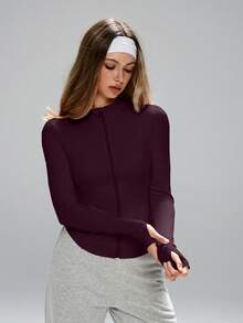 FWH 女士时尚设计小立领户外跑步瑜伽运动休闲风面料舒适弹力视觉塑形收腰基础百搭青春防晒运动夹克长袖春季 - 紫色 - 查看 3