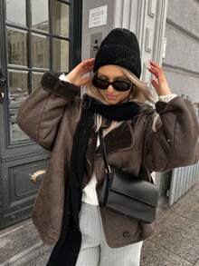 Women's Lapel Loose Casual Jacket, Pockets, Fashion Daily Wear Solid Color Double-Breasted Coat, Suitable For Autumn/Winter - Brown - View 6