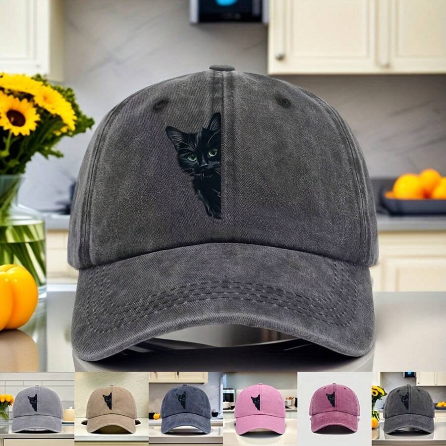 Black Animal Kitten Print Golf Hat - Unisex Vintage Washed Distressed Baseball Cap, Adjustable Quilted Outdoor Hiking Fishing Dad Hat - 海軍藍 - 查看 1