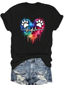 [Camiseta de moda casual] Camiseta suave y cómoda para mujer - Diseño de huellas de corazón coloridas Casual de manga corta y cuello redondo, regalo perfecto para la abuela y la mamá, uso casual de primavera y verano - Negro - Ver 1