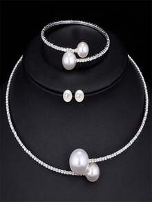 4pcs/Set Fashion Wedding Jewelry Set: Pearl & Rhinestone Necklace, Gold Bracelet, Earrings For Women, Lightweight Luxury Choker