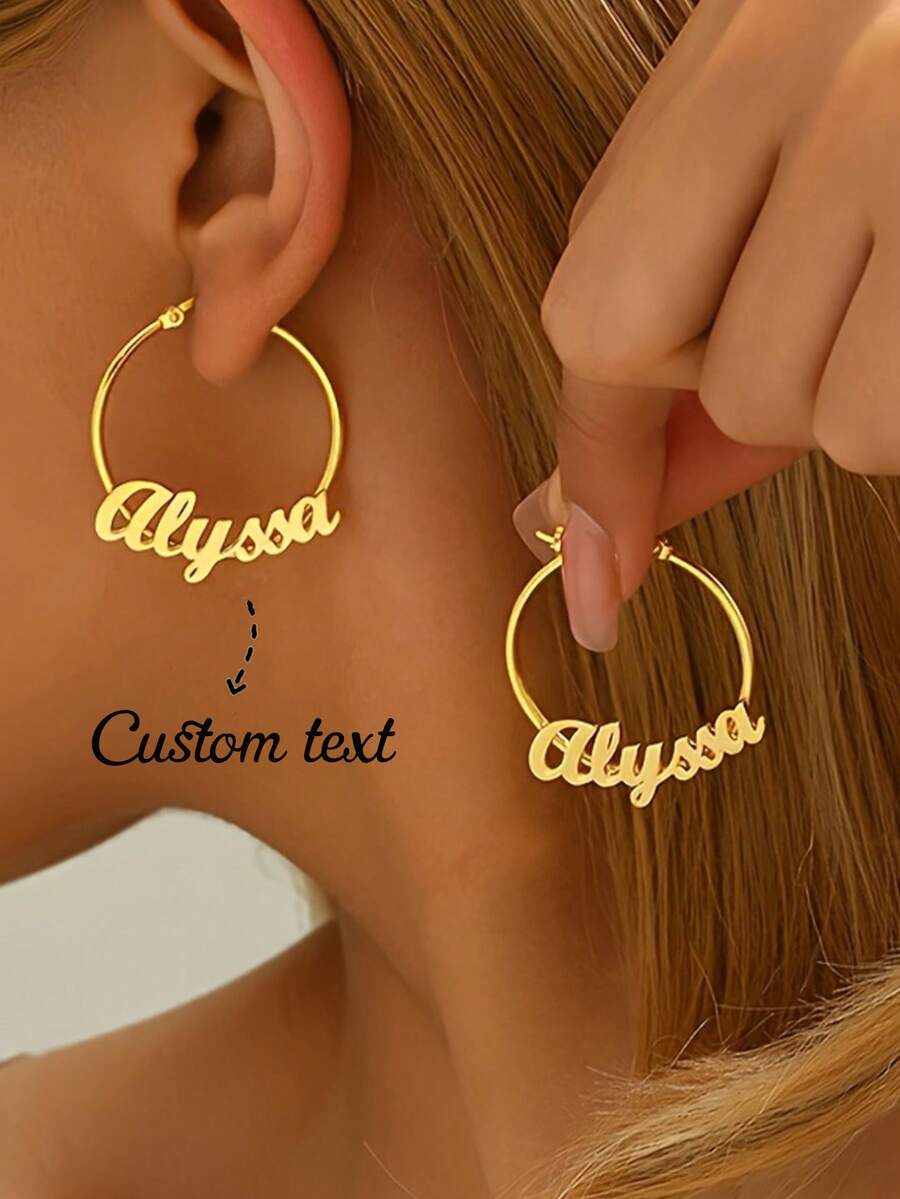 Personalized Stainless Steel Jewelry 40mm Hoop Earrings, Romantic Custom Name Accessories For Women, Birthday Party Christmas Gift - Gold - View 1