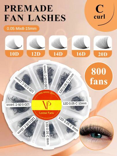 800 abanicos 10D/12D/14D/16D/20D Abanico suelto 8-15 longitudes mixtas Base puntiaguda Abanicos premontados Pestañas rusas finas, delgadas y de tallo mediano Extensiones de pestañas de volumen 0.05mm