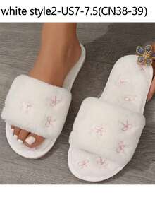 1pair Women's Cozy Faux Fur Slip-On Slippers With Pink Bow Embroidery - Stylish All-Season Indoor Flat Shoes, Casual Comfort Wear, Hand Washable, Casual Footwear | Stylish Slippers | Soft Texture,Women's Faux Fur Embroidered Slippers With Pockets, Sole For Noise Reduction, All-Season Indoor House Shoes, Ladies Slippers, Comfortable Footwear, Elegant Slipper Design