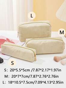 1pc Corduroy Zipper Pencil Case, Striped Design Pen Bag, Daily Small Items And Student Stationery Storage, Women's Cosmetic Pouch, Pen Organizer Bag, Back To School Essential Gift, School Supplies (Black)