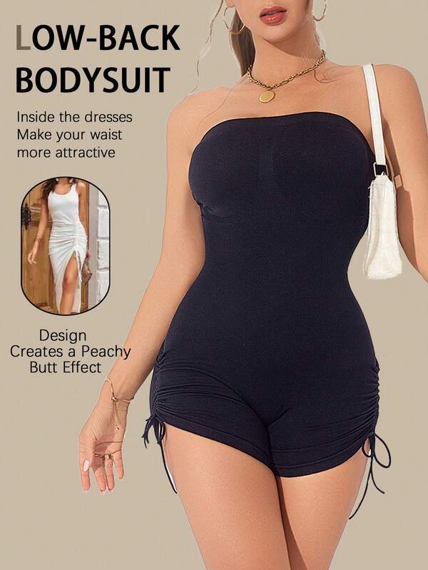 1pc Strapless Drawstring Hem Backless Bodysuit Shorts