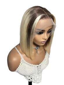 OQ 13x4 透明蕾丝前假发，棕色渐变金色直发波波头假发，180% 密度，10-14 英寸真人发假发，透气蕾丝，快速发货，适合作为礼物、婚礼、圣诞节、角色扮演、万圣节、旅行、Y2K 风格、时尚发型、节日和假期佩戴。 - S60/3 - 查看 7