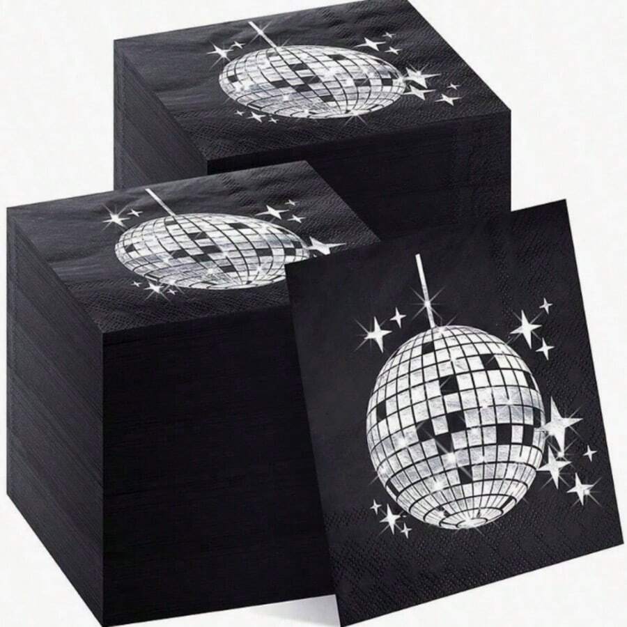 20张/50张/100张黑色银色迪斯科派对鸡尾酒餐巾纸，一次性，70年代80年代90年代派对用品，鸡尾酒餐巾纸，派对餐巾纸，纸巾，适用于订婚、生日、毕业典礼、新娘送礼会、圣诞节、新年派对装饰（款式随机） - 黑色 - 查看 1