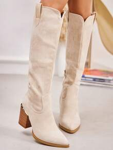 fandelle Women's Pointed Toe Side Zipper Fashion Chunky Heel Tall Boots For Daily Wear - Beige - View 3