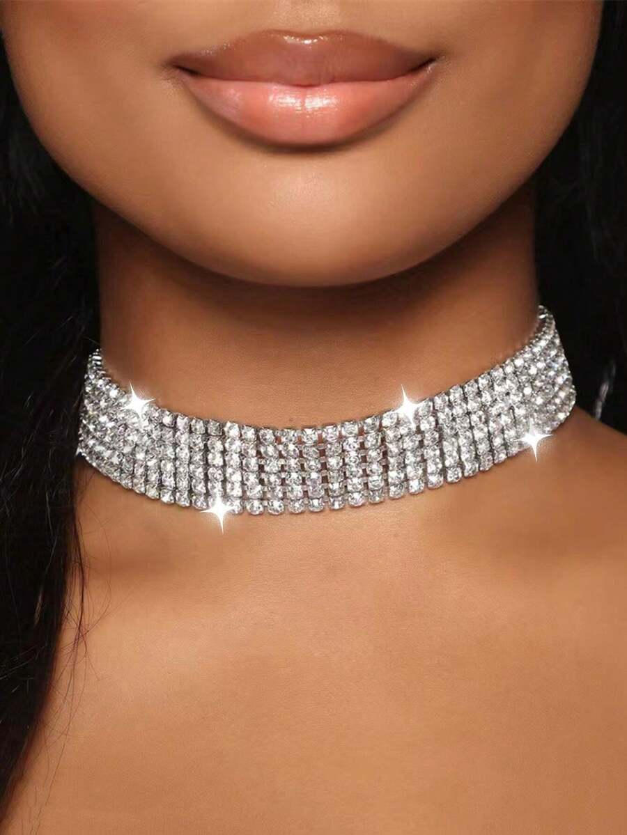 1 Stück Damen Mehrreihige funkelnde Zirkonia Kristall Strass Halskette, Silber/Weiß, geeignet für Urlaub, Abendparty