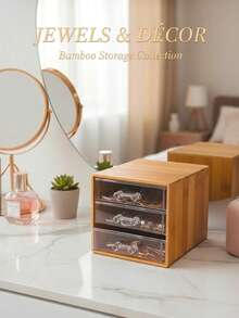 Elegancki organizer na kolczyki z bambusową ramką, pyłoszczelny, z przezroczystą szufladką, wielowarstwowe przechowywanie biżuterii na klipsy i kolczyki, stylowa gablota na pierścionki i naszyjniki, idealny prezent dla niej, stylowe rozwiązanie do organizacji biżuterii, idealne na prezenty świąteczne i codzienny glamour