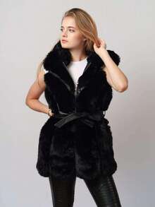 Gilet en fausse fourrure noire pour femme avec ceinture – Élégant et chaud, vêtement d'hiver de luxe sans manches - Noir - Voir 7
