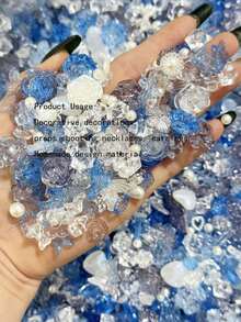 Approx. 80pcs/70g Aurora Blue Mixed Rose Imitation ABS Pearl Crushed Ice Material Mixed DIY Bracelet, Phone Case, Necklace Jewelry, Handmade Gift For Friends, Multi-Purpose Jewelry Accessories With Hole
