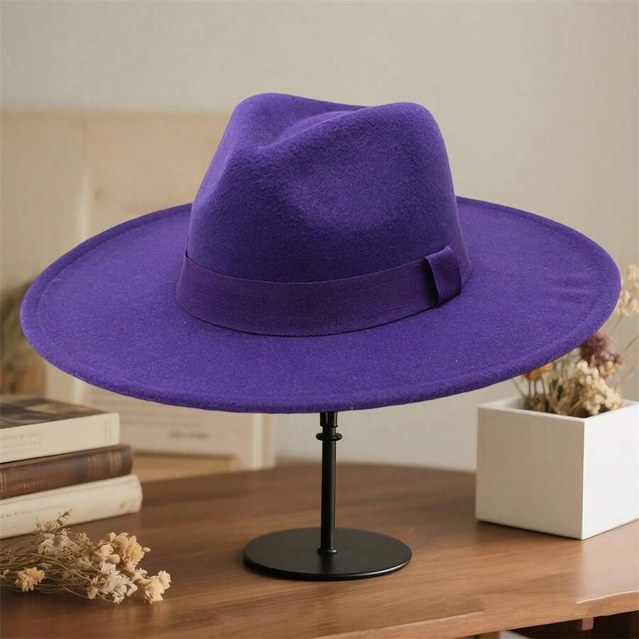 Adults Panama Hat With Ribbon Band Fashionable Wide Brim Felt Fedora Caps For Daily Life And Party - Màu tím - Xem 1