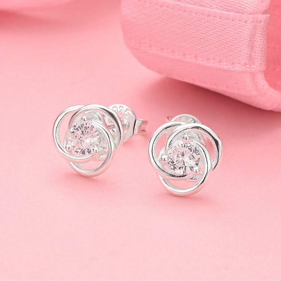 一对925纯银镀层极简主义锆石耳钉，时尚迷人的圣诞礼物，女士珠宝。 - 銀色 - 查看 1