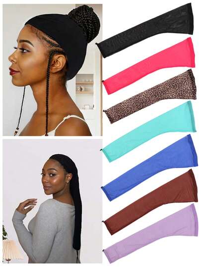 nunify 1 pieza Manga para trenzas - Manga extra larga de 27.5" para trenzas, rastas y giros - Manga transpirable para rastas para mujeres - Elástica, reutilizable, ligera, banda elástica para el cabello y gorro de peluca para moño, rastas falsas, trenzas de caja, se ajusta a cabezas de 20-25" en colores negro, azul, rosa, estampado de leopardo, rojo rosa, azul claro, morado
