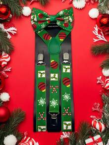 1set Men's Christmas Suspender & Bow Tie Set, Santa Ball, Reindeer, Candy Print Suspender & Bow Tie Set - Multicolor - View 14