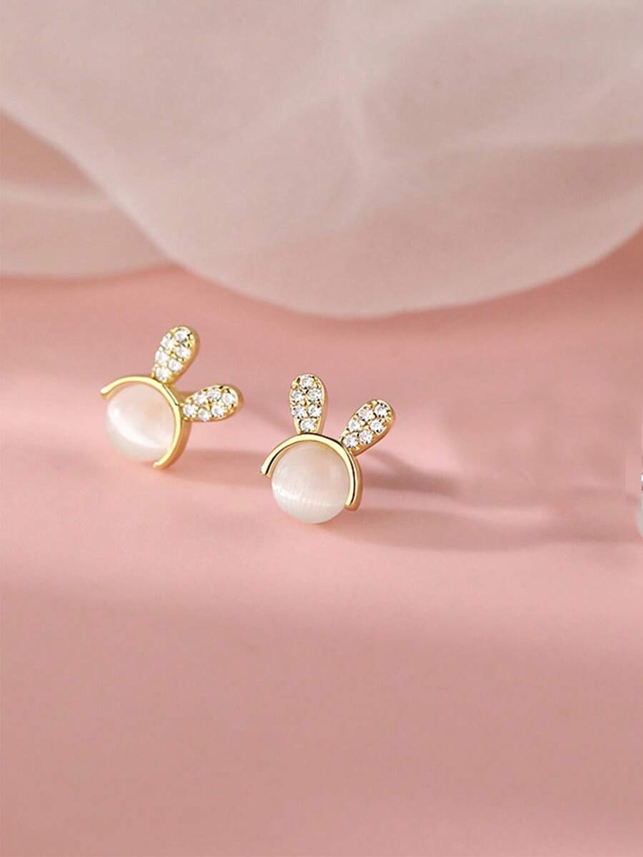 1 Pair Cute Cat Eye Stone Rabbit Stud Earrings, Simple Versatile Adorable Earrings For Women