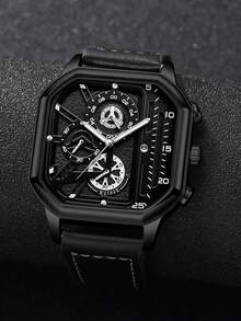 1PC|Men Fashionable And Handsome Quartz Watch, Square Dial, PU Leather Strap, With Calendar. Suitable For Daily Wear, Wear It At Work. A Gift For Boyfriend. (This Box Is Just A Display)