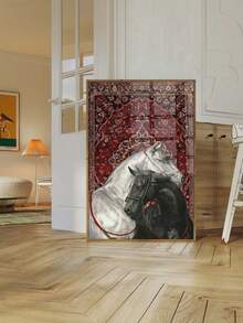 1pc Vintage Frameless Canvas Wall Art - Two Horses On Persian Rug, Equestrian & Persian Carpet Design, Red & Blue Traditional Patterns, Modern Aesthetic Room Decor For Living Room, Corridor, Bedroom