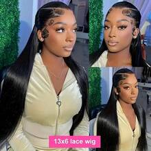 bling hair 13X6 13x4 HD Lace Frontal Perücke Echthaar Gerade 4x4 Lace Closure Perücken Brasilianisches Remy Vorgezupfte Perücken Für Frauen 180% Dichte - Natural Black - Übersicht 2
