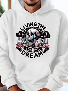 Living The Dream Print Hoodie - Long Sleeve, Knit Fabric, Relaxed Fit, Full Size, Fashionable Graphic Print, Perfect For Casual Outings And Daily Wear, Black White Red Grey Navy,Fall Hoodies,Men's Fall Clothes,Street Wear,Halloween,Mens Hoodies,Y2k Clothes,Jesus Hoodie,Thanksgiving Day,Nightmare Before Christmas,Christmas - 白色 - 查看 1