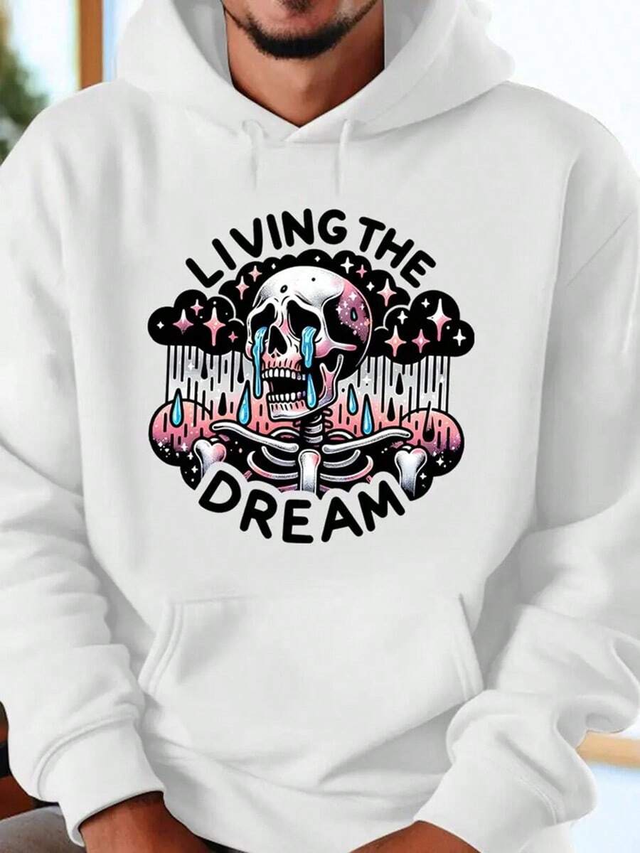 Living The Dream Print Hoodie - Long Sleeve, Knit Fabric, Relaxed Fit, Full Size, Fashionable Graphic Print, Perfect For Casual Outings And Daily Wear, Black White Red Grey Navy,Fall Hoodies,Men's Fall Clothes,Street Wear,Halloween,Mens Hoodies,Y2k Clothes,Jesus Hoodie,Thanksgiving Day,Nightmare Before Christmas,Christmas - 白色 - 查看 1