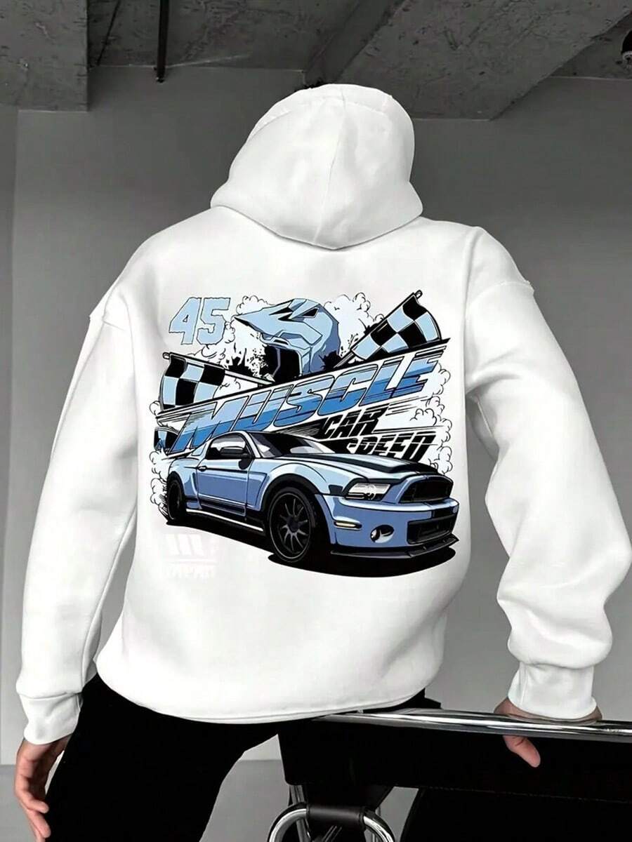 Men's Racing Graphic Fleece Hoodie - White Casual Loose-Fit Sweatshirt With Blue Car Print, 45 RACING CREW-Design, And Front Pockets For Fall-Winter,Fall Hoodies,Men's Fall Clothes,Street Wear,Halloween,Mens Hoodies,Y2k Clothes,Jesus Hoodie,Thanksgiving Day,Nightmare Before Christmas,Christmas - White - View 1
