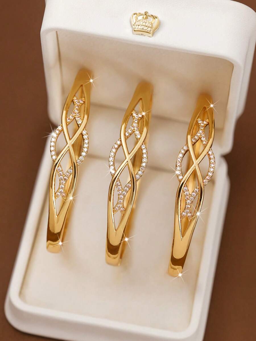 1/2/3 PiecesFashion Classic Shiny Openwork Geometric Line Cubic Zirconia Decoration Bracelet With A Diameter Of 60mm That Can Be Opened, Suitable For Women's Daily Wear, Excluding Box - Gold - View 1