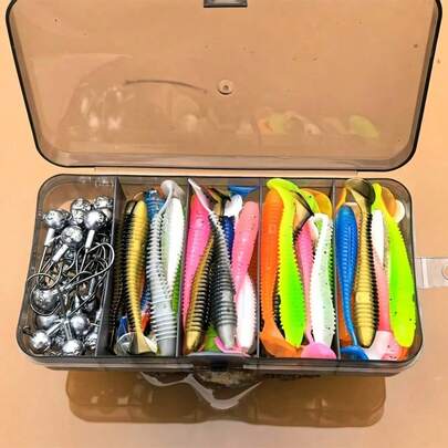 50-delars fiskedragsset, inklusive jigghuvuden, mjuka beten med T-svans och maskkrokar, lämplig för abborre, öring och andra fiskar, fiskeutrustning