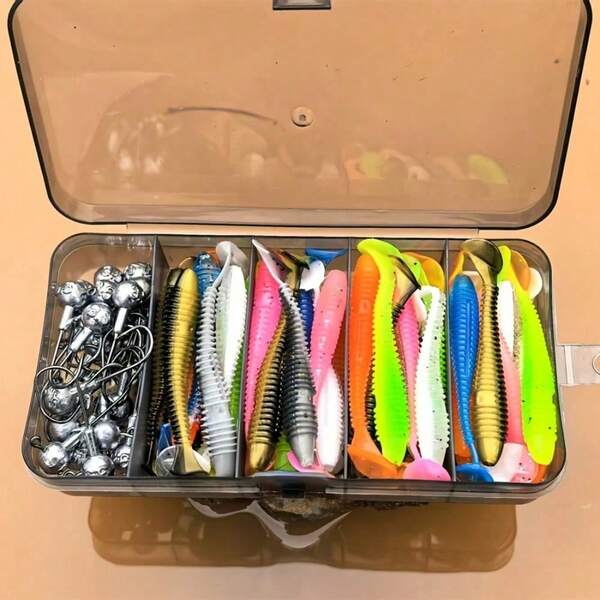 50pcs Fishing Lure Set, Including Lead Head Hook, Soft Bait T Tail Soft Worm Hooks, Suitable For Bass, Walleye, Fishing Tackle