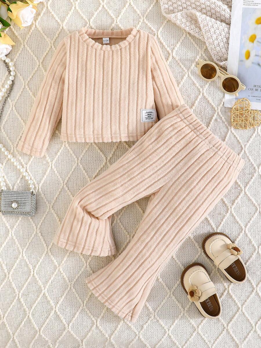 2pcs Baby Girls Casual Long Sleeve Top And Fashionable Flare Pants Set, Autumn - Khaki - View 1