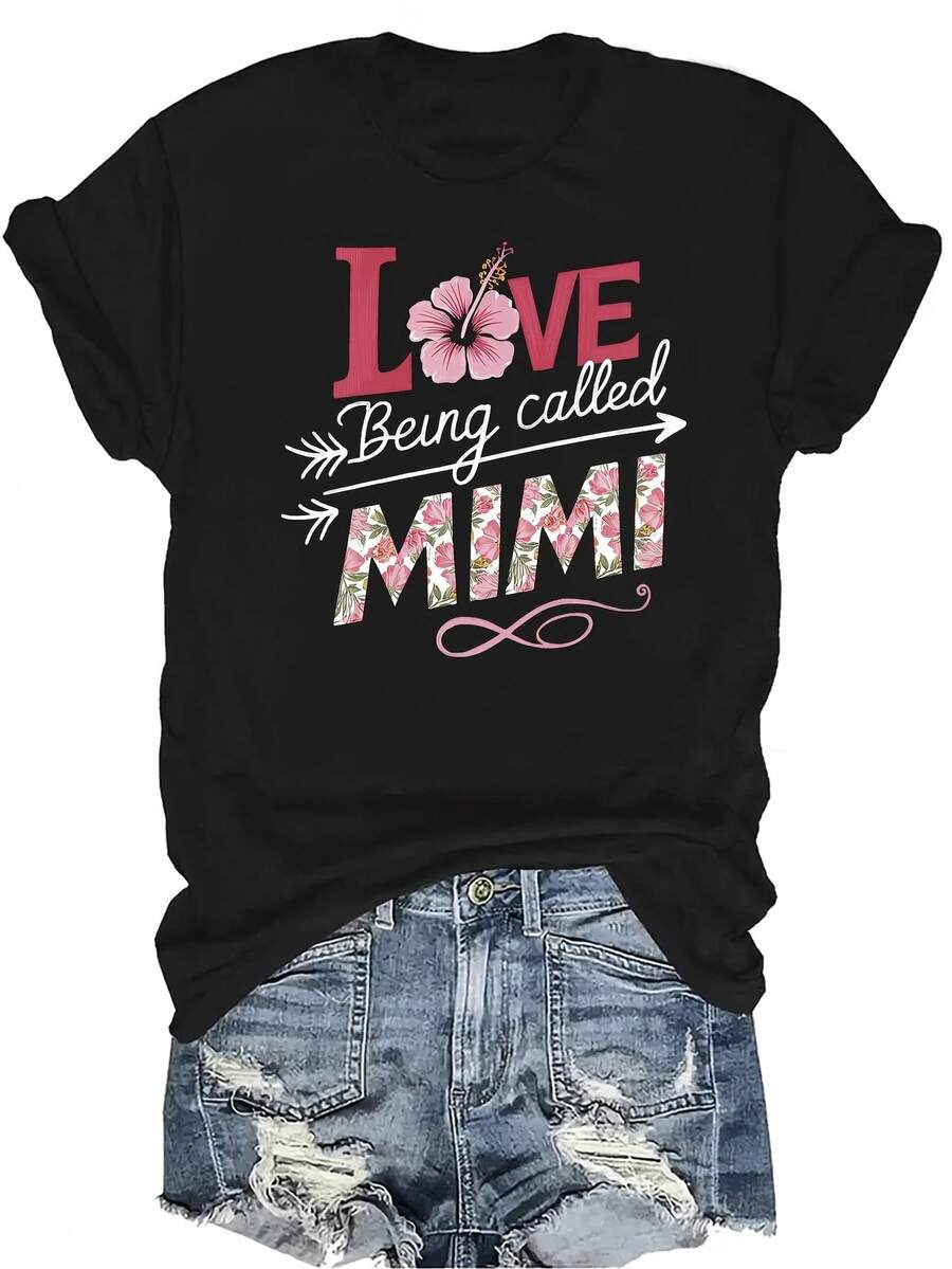 [Camiseta de moda casual] Camiseta suave y cómoda para mujer - Estampado floral Love Mimi, manga corta, cuello redondo, casual, regalo perfecto para la abuela y la mamá, uso casual en primavera y verano - Negro - Ver 1
