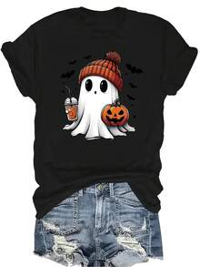 [Camiseta de Moda Casual] Camiseta de mujer suave y cómoda - Parte superior de manga corta y cuello redondo con diseño casual de fantasma, calabaza y bebida, regalo perfecto para la abuela y la mamá, uso casual de primavera y verano - Negro - Ver 1