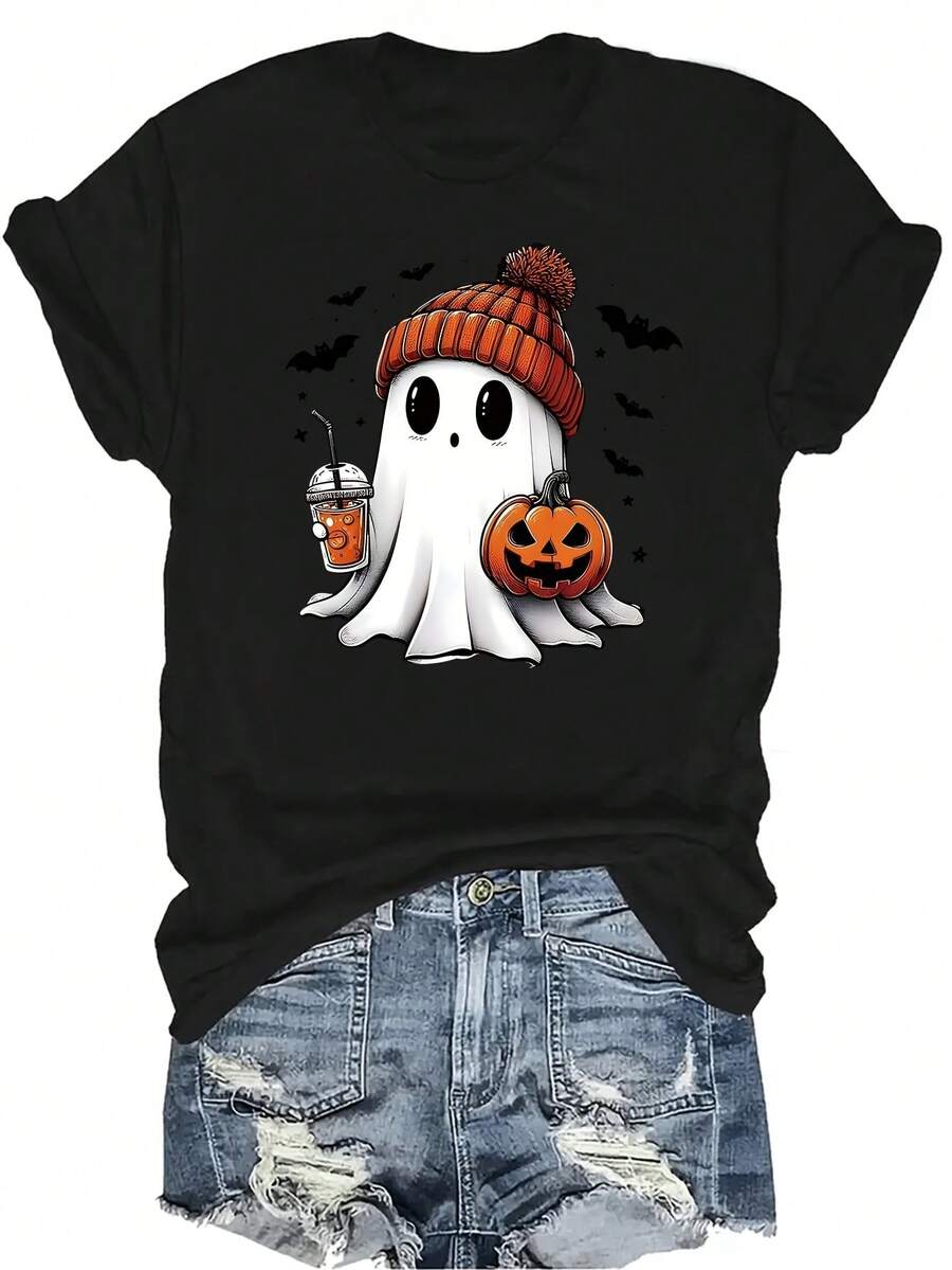 [Camiseta de Moda Casual] Camiseta de mujer suave y cómoda - Parte superior de manga corta y cuello redondo con diseño casual de fantasma, calabaza y bebida, regalo perfecto para la abuela y la mamá, uso casual de primavera y verano - Negro - Ver 1