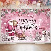 1 pieza Pancarta de fondo con tema navideño en color rosa con Papá Noel y muñecos de nieve, adecuada para decoración de fiesta de Navidad, decoración de jardín, decoración de pared, decoración del hogar, fondo de fotografía, aniversario y decoración de patio