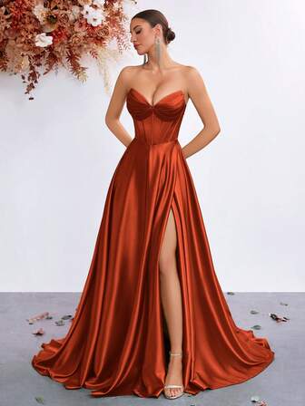 ADYCE Elegante vestido de fiesta de verano con escote en V sin tirantes, cintura alta, abertura lateral y espalda con cordones para baile y graduación