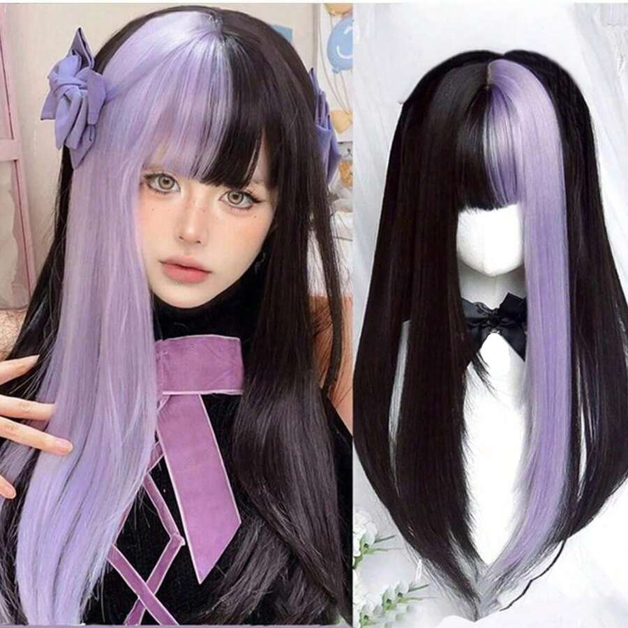 Long Straight Synthetic Wigs With Bangs Black Purple Cosplay Party Lolita Hair Wigs For Women Natural Heat Resistant Wig Halloween Wigs - Multicolor - View 1