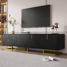 TV Cabinet, Base With Structured Doors, TV Cabinet, Golden Handle And Golden Legs - Black + Particle Board - View 8