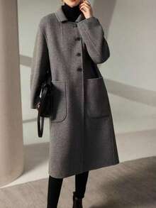 Women's New Autumn And Winter Style, Best-Selling Autumn And Winter Item, Comfortable And Casual Gray Double-Faced Long Coat, Slim-Fitting Design, Classic Lapel, Warm Autumn And Winter Solid-Color Pocket, Front Buttons, Office & Daily Wear, Coat With Large Pockets Clothing For Christmas, Spring Festival And New Year - Dark Grey - View 6