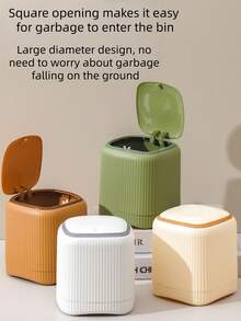 1 Compact Push-Type Mini Trash Can - Durable Plastic, A Space-Saving Garbage Solution, Suitable For Home, Kitchen, Bathroom, Bedroom - Smooth White Design With Gold Decoration, Suitable For Hotels And Restaurants, Kitchen Waste Solution | Ribbed Texture | Durable Plastic, Bathroom Mini Trash Can. - Multicolor - View 2